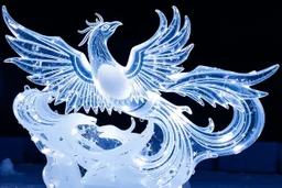 Insanely detailed ice sculpture transparent ice frozen phoenix frozen in crystal clear ice, , ice explosion twisting Turning, swirling twirling ice sculpture, clear crystal ice