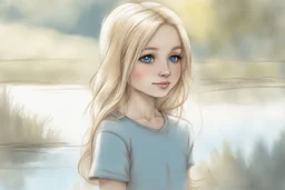 vibrant sketch, cute chibi blue eyed blonde-brown haired woman in Plitvice S<AI in sunshine, shading pastel and charcoal