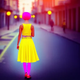 Beautiful lonely girl who walks along a street without people at dawn. You see her from behind. She short wears very short yellow dress. She has short pink hair with glowing crystals. Full body, 8k resolution concept art. Professional Photo HD. Stylish. Warm vivid colors. Panoramic