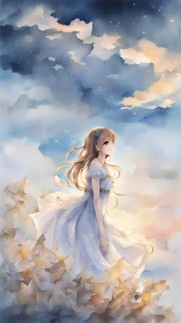 ((((ink)))，((watercolor))，world masterpiece theater, ((best quality))，depth of field,((illustration))，(1 girl)，anime face，medium_breast,floating，beautiful detailed sky，looking_at_viewers，an detailed organdie dress，very_close_to_viewers，bare_shoulder，golden_bracelet，focus_on_face，messy_long_hair，veil，upper_body，,lens_flare,light_leaks,bare shoulders，detailed_beautiful_Snow Forest_with_Trees， spirit，grey_hair，White clothes，((Snowflakes)),floating sand flow,navel,(beautiful detailed eyes)