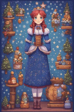 The nutcracker, a kind of girl with blue tones and patterns, stardew, valley style