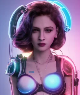 Artist, young madonna, android woman, glow iris, piercings, sweet, long hair, white skin, long eyeliner, glow pink cheeks, glossy lips, color leds lights, cables, short hair, circuits, cyberpunk, latex coat, cyber punk, neon, portrait, studio photo, unreal engine 5, soft color, 16 bit, god lights, ray tracing, RTX, lumen lighting, ultra deatail, volumetric lighting, 3d, finely drawn, hd.