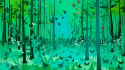 A bluish green forest filled with bugs painted by Andy Warhol