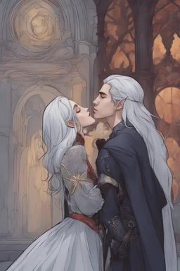 A couple from the dnd game curse of Strahd kissing. She has white hair he has long black hair. Romantic, sweet, loving, possessive, protective, kiss