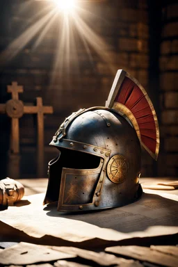 The Roman centurion's helmet lies on an old cracked wooden table. Next to the helmet, on the table, lies a cross on a simple string and a scroll of parchment. Symbols of Roman authority. A ray of sunlight reflects off the helmet. All around is the entourage of ancient Rome. High quality image in 8K