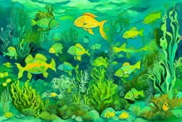 A lime green underwater reef with prehistoric fish designed in Mayan architecture painted by Paul Cezanne
