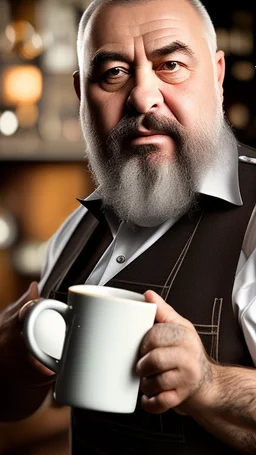 full figure photography of a turkish barman serving coffee, 62 years old, strong chubby man , bearded, in vest, shaved hairs, tattoo, serious eyes, photorealistic, Canon EOS, hyper-realistic, very detailed, emotive eyes, natural colours, sunlight