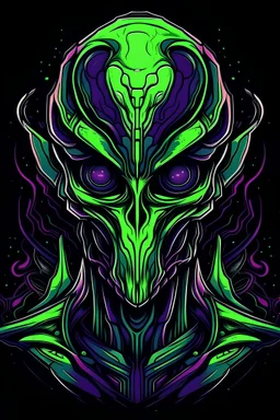 Vibrant Vector Art, Front View, alien soldier, green and purple lava veins, stylized, half body, half skin, black background, 100 eyes, wide face,