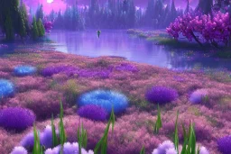 monde en fleurs bleu pink,blue lake, concept art, crépuscule , trees bleu pink violet oranger, vibrant Color, réaliste, crocus