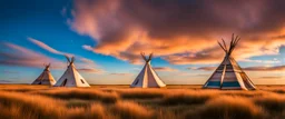 Prairie landscape, living skies, 3 teepees, historically authentic