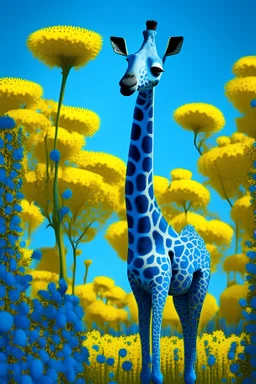 Blue giraffe in a yellow garden