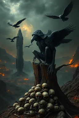 a weird bird-man crepy creature in dark hooded sitting on top of an old tree stump, pile of skulls under his feet, under in valley cities ruined with fires and ash and bones, dark deep colors, style by Vincent Lefevre, El Kazovszkij, and Bosch, black ravens with skull faces fly on the dark sky, nightmare, dark dream of the end the world, in the background a tall metallic demonc magic gate into after-life, surreal weird art, cinematic