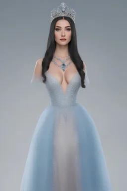 generate an image of a fake person that looks totally real, make them with long, straight black hair, blue eyes, well-endowed, wearing a jeweled tiara, a necklace with a heart-shaped ruby, transparent glass, slippers, and a light blue, cinderella ball gown with a plunging neckline.