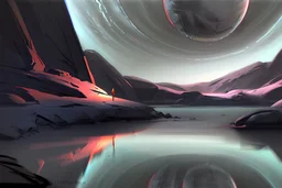 Grey Exoplanet in the hotizon, rocks, Night, lagoon reflection, sci-fi, epic, lesser ury painting