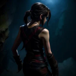 a beautiful tiefling woman with dark hair in a sleeveless battle outfit, seen from the back, at the edge of a precipice in the dark, ready to jump, photo quality, dark colors