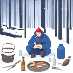 a sad Finnish man without food on his plate, outside his house in the forest, Winter, snow, very cold, Finnish flag down at half way up, Finnish flag, a bottle of Koskenkorva in his hand, knifes and sauna