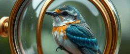 close up portrait of the sweetest magical bird using a machine as a house, the machine is glass and bronze, rounded elliptical cylinder