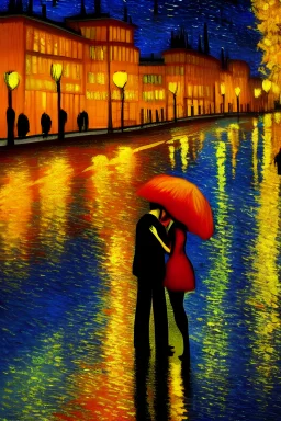 Romantic night, couple embrace, rainy autumn weather, van goh, Trending on artstation, Van Gogh