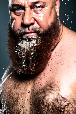 close up photography, dirty burly russian ugly strong chubby 56 years old man, bullneck, milk falling from above, splashing and dripping milk in the face, milk dripping on the beard, with dirty tank top, tattoo, serious eyes, manly chest, 35mm lens, natural light