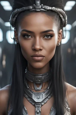 sci-fi-beautiful-mixed race lighter mulatto woman-long straight black hair-by-rutkowski-gray-pupils-diadem-on-head-necklace-around-neck, perfect composition, beautiful detailed intricate insanely detailed octane render trending on artstation, 8 k artistic photography, photorealistic concept art, soft natural volumetric cinematic perfect light, chiaroscuro, award - winning photograph, masterpiece, oil on canvas, raphael, caravaggio, greg rutkowski, beeple, beksinski, giger