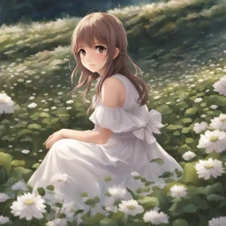 a girl in a white dress sitting in a field of clovers, cute anime girl portrait, beautiful anime portrait, realistic anime art style, realistic cute girl painting, portrait anime girl, smooth anime cg art, detailed portrait of anime girl, portrait of girl in flower field, realistic anime style at pixiv, cute anime waifu in a nice dress, realistic anime artstyle