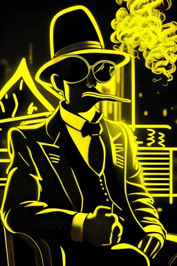 ((A cartoon character of a man)) ((Dresses like a mafia)) (((Sitting in a nightclub)) ((((There is a neon weed logo in the background, outlined on the outside in a golden color with an energy glow )))There is a lot of smoke