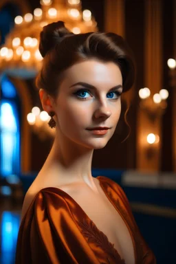 Portrait of a young woman, brown updo hair, blue eyes, wearing a fire gown, background royal ballroom