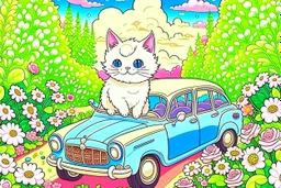 a cute proud chibi fluffy beige cat driving a car made of flower buds: roses, forget-me-nots, hydrangeaes on a cobblestone road in a forest next to a pond in sunshine