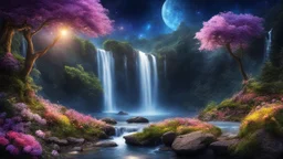 beautiful fairy land in space,night lights,flowers,river,waterfall,trees