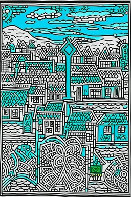 A cyan town in winter weather designed in German folk art painted by Keith Haring