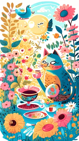 Children book style Boho cat in flowers garden having tea with funny bird in sunlight seamless