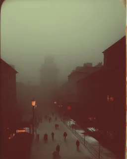 Dark street creepy fog colours strong texture artistic polaroid volumetric light, Yves Tanguy René Magritte Gustav Klimt 8k 3d abstractism