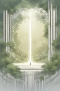 Desolate treeless post-Apocalyptic urban setting with a huge portal being generated in mid air. The border of the portal is made of a wispy translucent white and golden lacy light with geometric fractal patterns. Inside of the portal, a peaceful lush forest setting with a waterfall can be seen distinctly juxtaposed with the dismal setting outside of the beautiful portal
