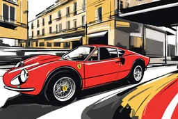 ferrari dino 246, Sketch, 2D, Comic Book, Minimalist, in the style of olly moss, shot from low angle
