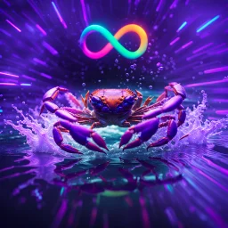 infinity symbol ∞ with vibrant powerful crab jumping out of the water, striking, neon, chiaroscuro, dramatic, captivating, powerful, fantasy, beautiful, octane render, 16k post-production, artstation: award-winning: atmospheric: commanding: fantastical: clarity: ultra quality: striking: brilliance: stunning colors: amazing depth; lens: f/11, 35mm