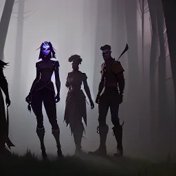 A group of four characters from a fictional book world. A witch, a gladiator, a thief, and an enchanter. The characters are in a dark forest. The characters are shrouded in mystery.