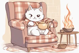 cute fluffy chibi cat reads sitting in a big soft armchair, covered with a plaid blanket, a teapot and steaming tea on a small table next to her, in sunlight. The fire in the fireplace is blazing.