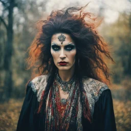 Conceptual surreal and otherworldly portrait photograph of a traditionally dressed Romanian Gypsy Vampire Sorceress , with highly detailed hair and facial features in the photographic style of Jerry Uelsmann, sharply focused, cross processed color image using color slide film with C-41 color negative chemicals, with fine ink overlays, 8k, cinematic horror atmosphere