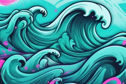 a background of surf waves with black linework, blue teal tones, surf culture, kawaii cute. + vector linework. swirling in bottom right. add pink and magenta graffiti lines over edges