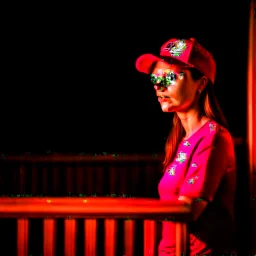 woman with a red baseball hat. leaning on a wooden balcony.night time. studio lightining.