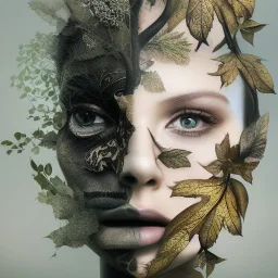 "full face tattoo of leaves and gnarled branches extending past face and morphing into reality, 8k resolution, high-quality, fine-detail, muted colors,intricate, digital art, detailed matte, volumetric lighting, illustration, octane render