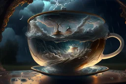 Storm in a glass tea cup, photorealistic, Dramatic Lighting. Lightning shooting both inside and out of the cup. Otherworldly atmosphere, intricate details, highly detailed, Artgerm elegant extremely detailed fantasy 8k masterpiece fantastic view crisp quality Jacek Yerka Alexander Jansson Kevin Sloan,