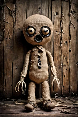 creepy cute burlap doll with scared face, its body is dirty, holey, cracked old burlap, its big head is made of burlap, its two eyes are made of coat buttons, there are stitches on its body , it sits in the corner of a dilapidated, dirty room in a dilapidated house, a spider crawls towards him on the floor, low lighting, detailed, thriller, eerily impressive image