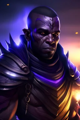 fantasy african male orc cleric with scarred skin and cornrowed black hair surrounded by glowing twilight wearing hooded black and purple armor