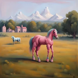 a big muscle man sitting on a pink horse.like 19th painting