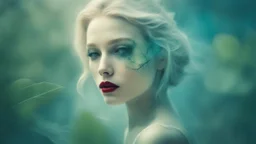 old retro photography, faded vignette, worn and cracked, double exposure, surrealism, blonde humanoid from another world, red lips, half body, greenish blue pale transparent glowing skin, plants growing out of head, tattoo, alien transparent eyes, hyperdetail, double exposure, Anna Razumovskaya, Anna Dittmann, Luis Royo, neo-impressionism, expressionism, oil painting. Vivid, detailed and textured brushstrokes reminiscent of Royo and Peter Coulson. Deep colors and dramatic lighting with cinematic