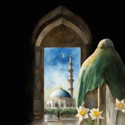 Big person zoom in like the Prophet Muhammad see the jamkaran mosque in Iran has more blue green color and gold for pattern islamic in the dome . one big domes with beautiful lighting . white Daffodil flower in the floor , clouds with small birds in sky with crescent moon of ramdan . painting watercolor ,simple and islamic style , Painting watercolor