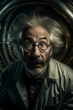 Crazy 40 year old doctor/scientist in a submarine with wild and frizzy gray hair and mutton chops. Make the background inside of a submarine. Grimdark realistic