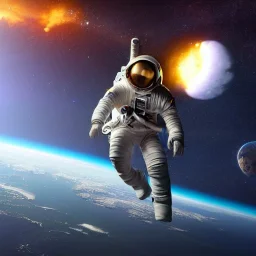 hyper-realistic astronaut with Earth exploding in background, 8k resolution, high-quality, fine-detail, detailed matte, intricate, 3D octane render, illustration, digital art, brian froud, howard lyon, anna dittman, greg rutowski,