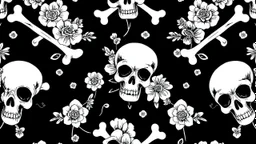 gothic pattern of bones, flowers and skulls, black and white